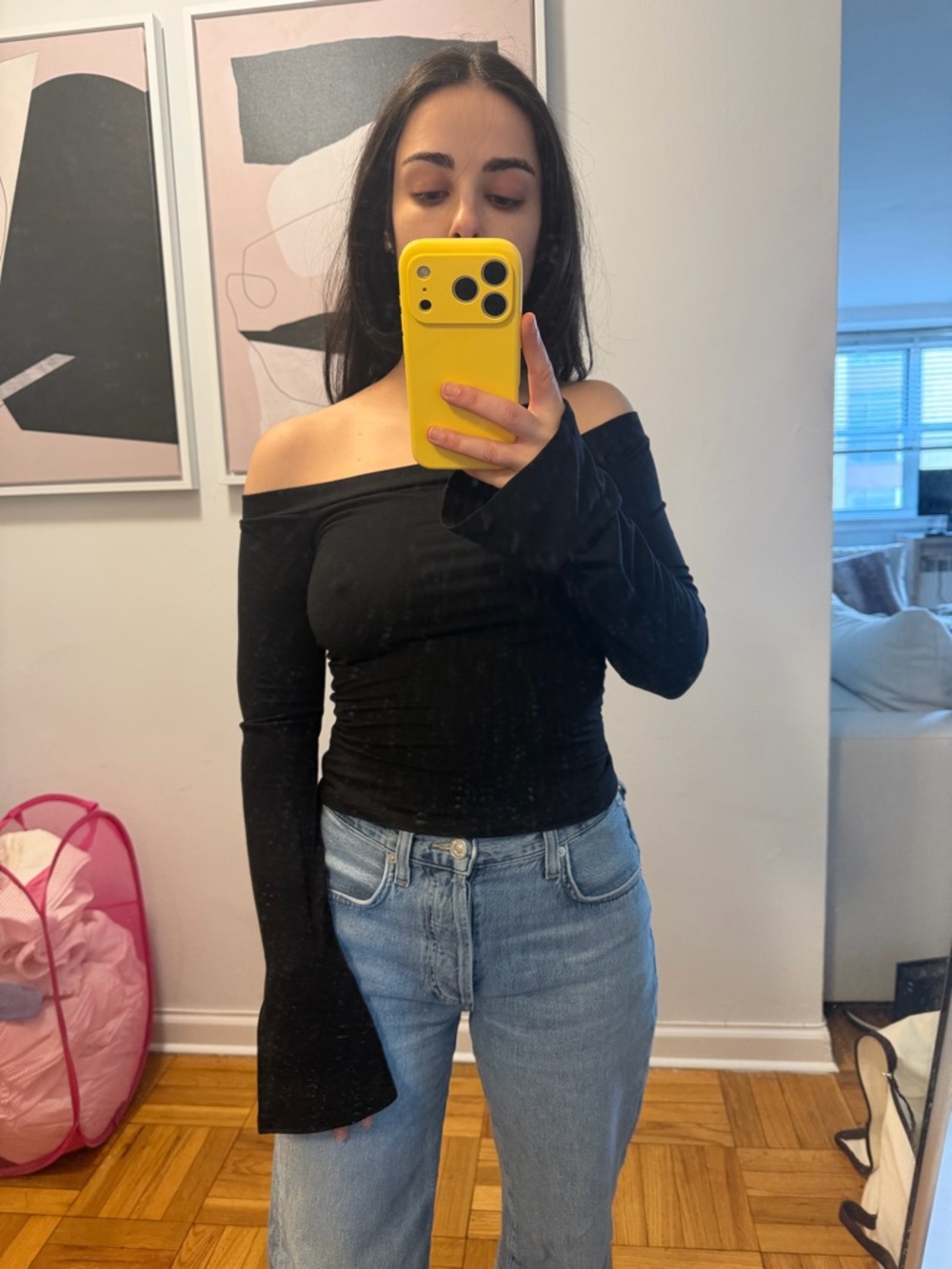 Reformation Black Off-the-Shoulder Long Sleeve Top